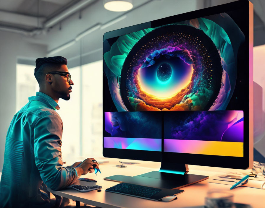 Man with glasses working at desk with dual monitors showing vibrant eye graphic