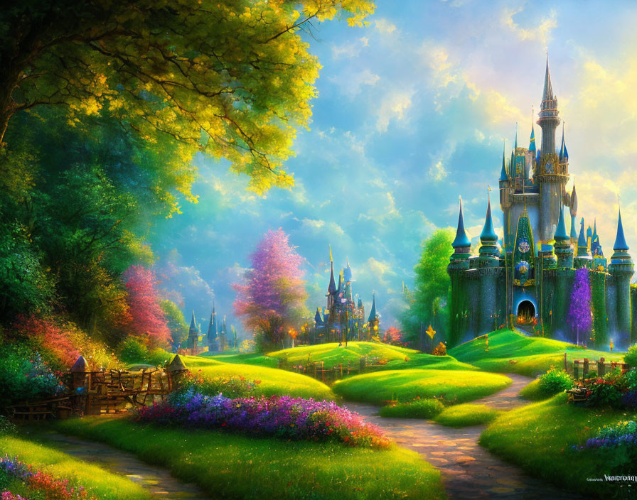 Colorful Fantasy Landscape with Castle and Magical Atmosphere