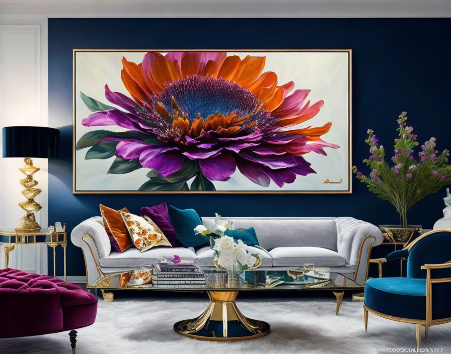 Sophisticated living room with floral painting, gray sofa, blue and gold chairs, purple ottoman