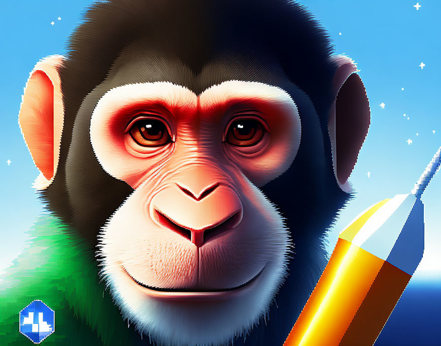 Colorful Chimpanzee Face Illustration with Rocket Background