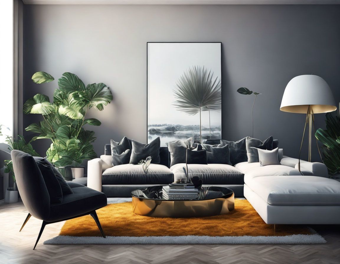 Contemporary Living Room with Gray Sofa, White Chaise Lounge, Black Armchair, Floor Lamp,