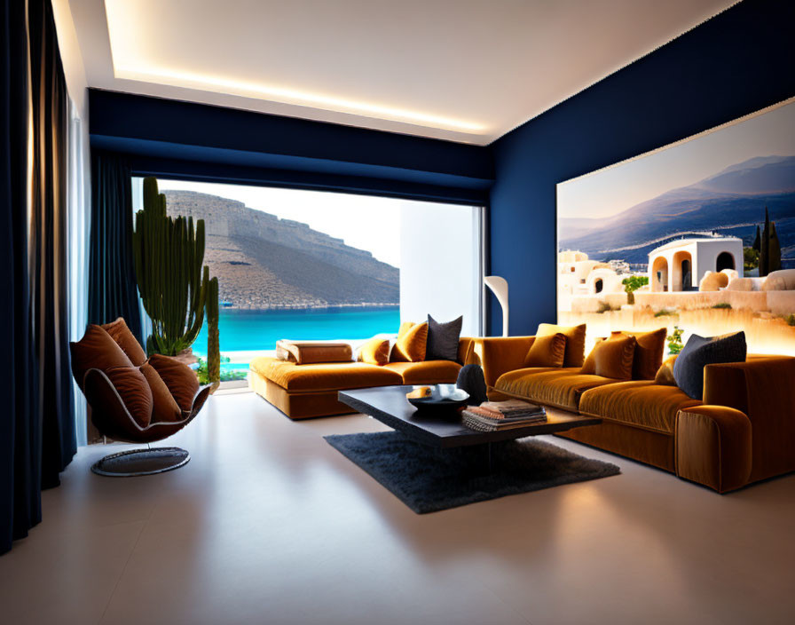 Spacious living room with coastal view, blue walls, mustard sofas, and modern decor