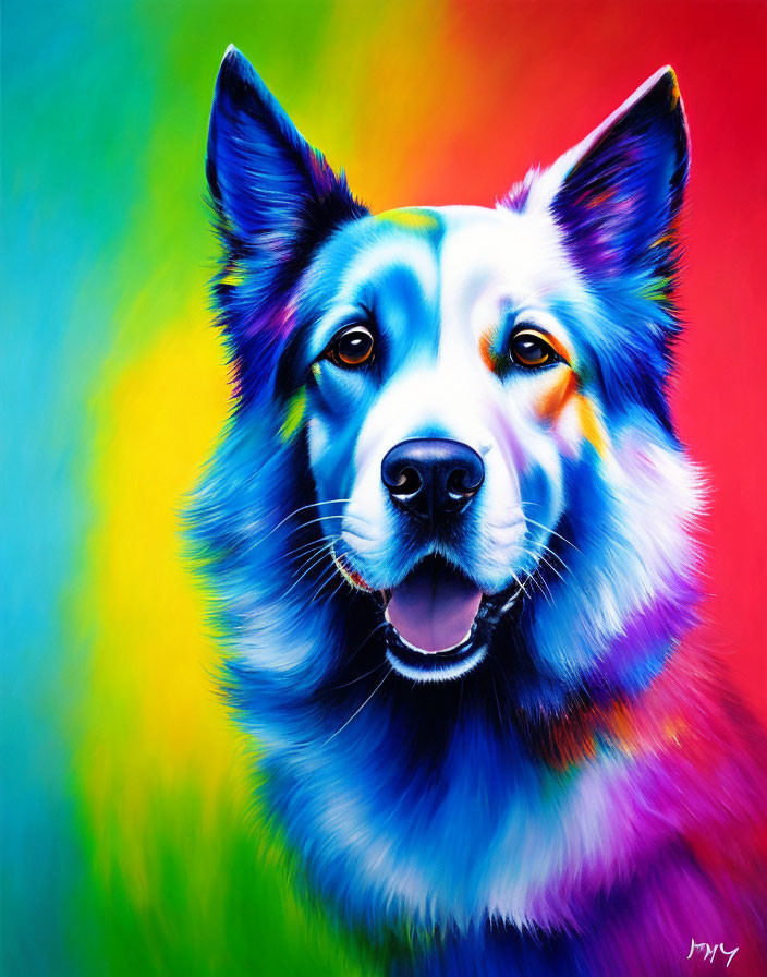Colorful Dog Painting on Multicolored Background: Blues, Greens, Yellows, Reds