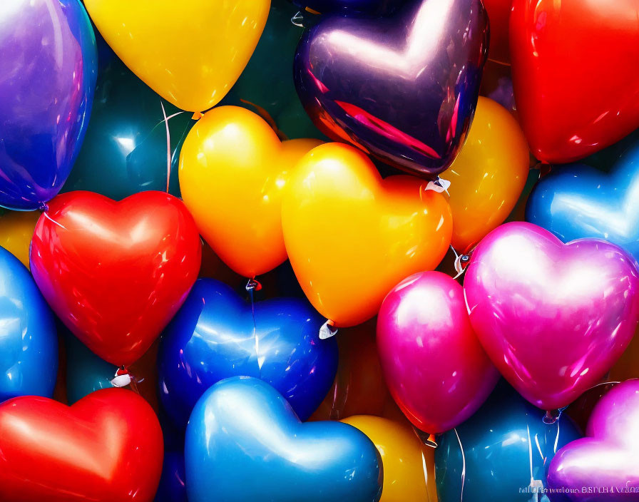 Colorful Heart-Shaped Balloons Cluster in Red, Yellow, Blue, and Pink