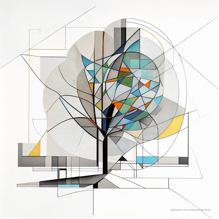 Geometric Tree Motif Art in Neutral Palette with Blue and Orange Accents