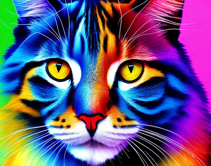Colorful Cat Image with Yellow Eyes and Rainbow Background
