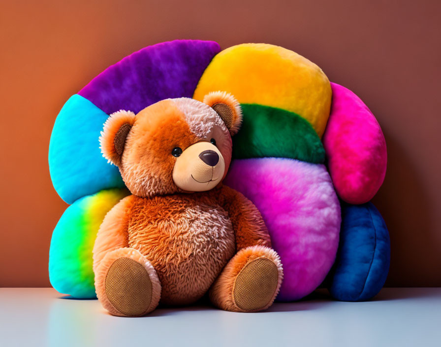Fluffy Teddy Bear with Vibrant Cushion on Orange Background