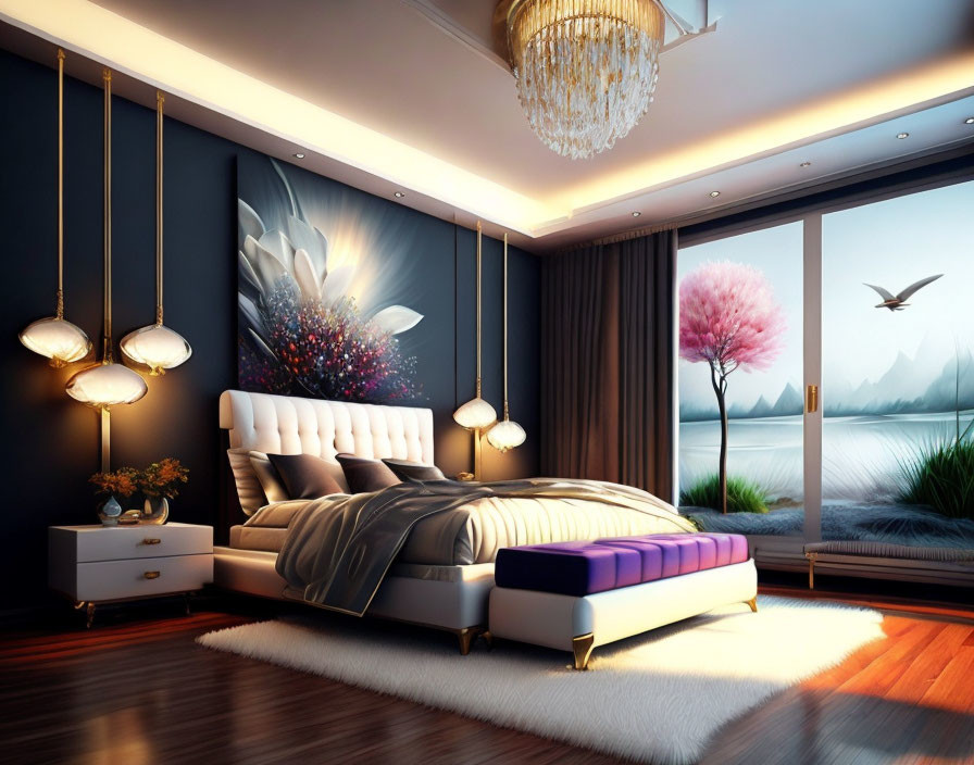 Bedroom modern style, beautiful large painting