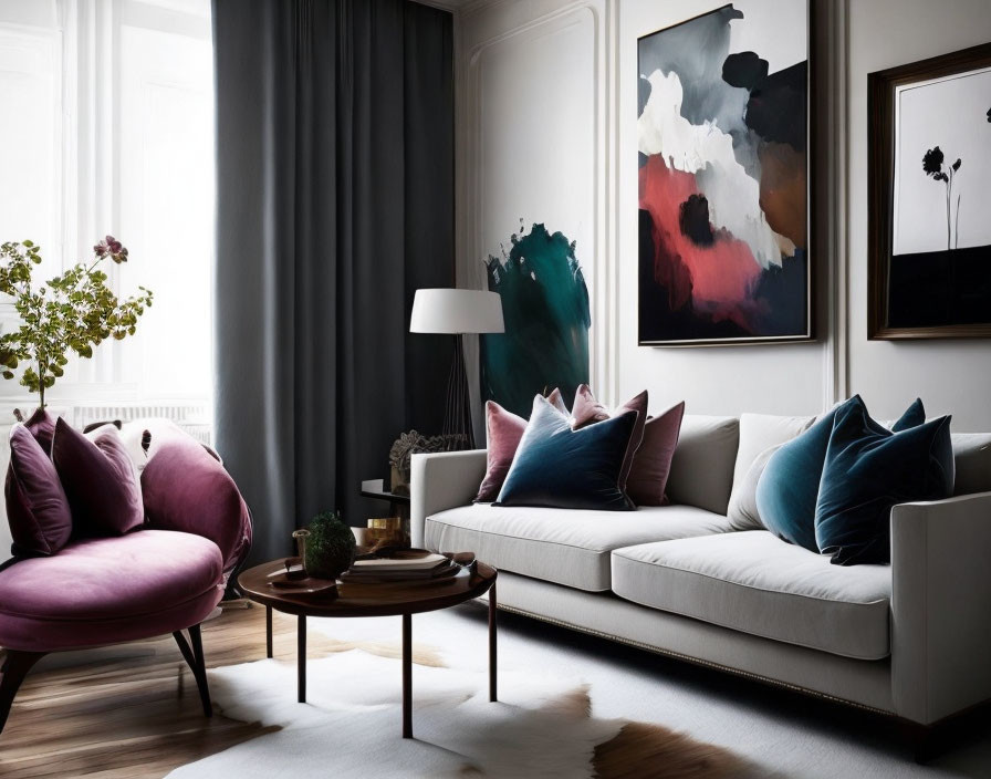 minimalist interior of the living room, paintings 