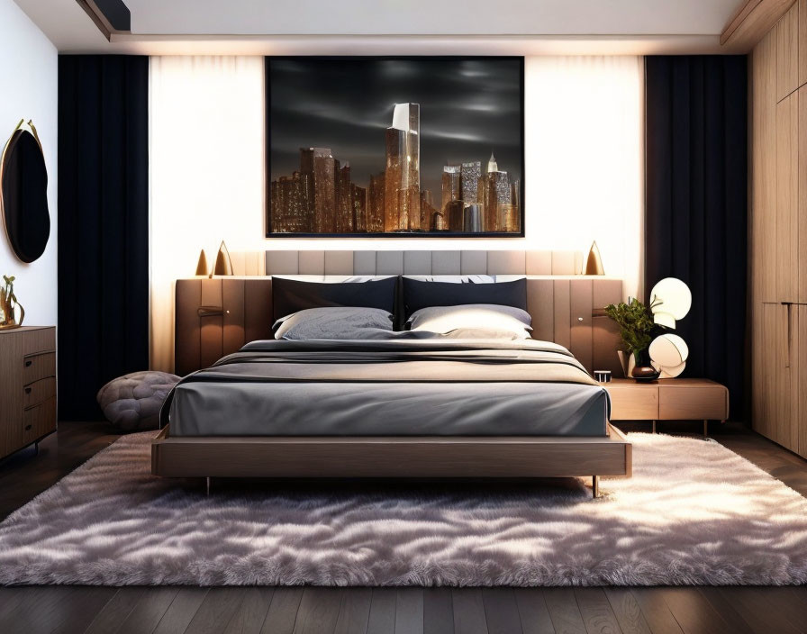 Contemporary bedroom with cityscape artwork, dark curtains, wooden accents, plush rug, and sleek furniture