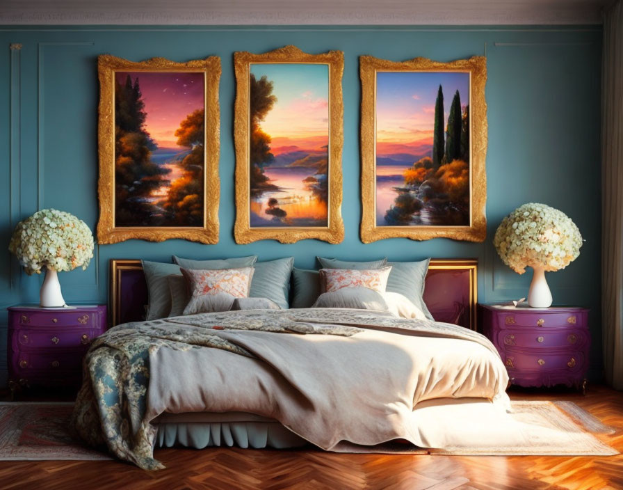 Sophisticated bedroom decor with blue walls, gold-framed art, beige bedding, purple nightstands