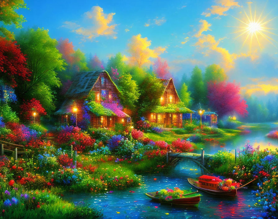 Picturesque countryside scene with thatched cottages, serene river, colorful flowers, and radiant sun.