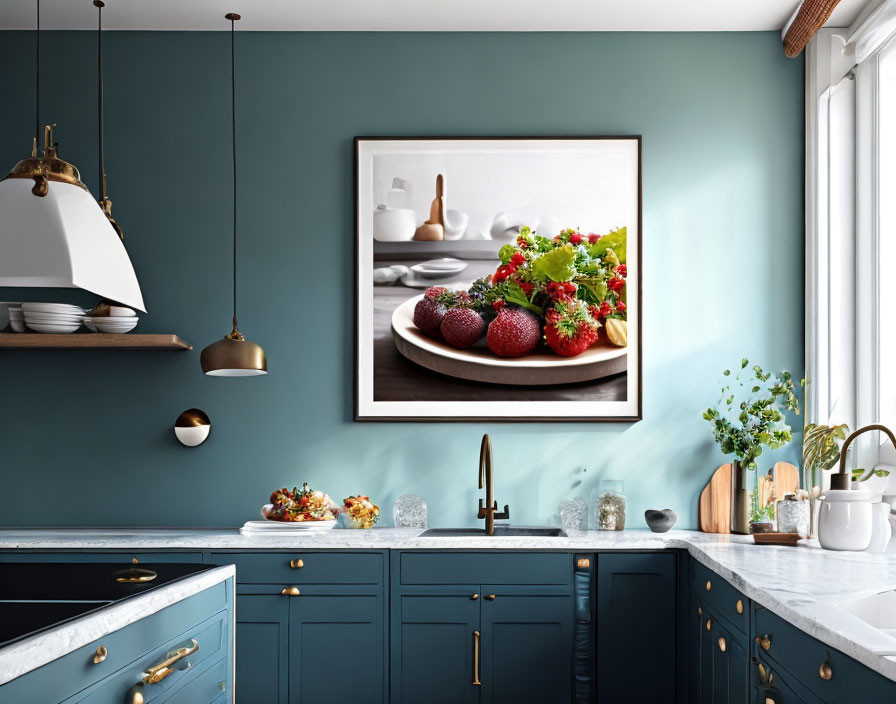 Modern kitchen with teal cabinets, marble countertops, brass fixtures, fruit artwork, pendant lights, and green