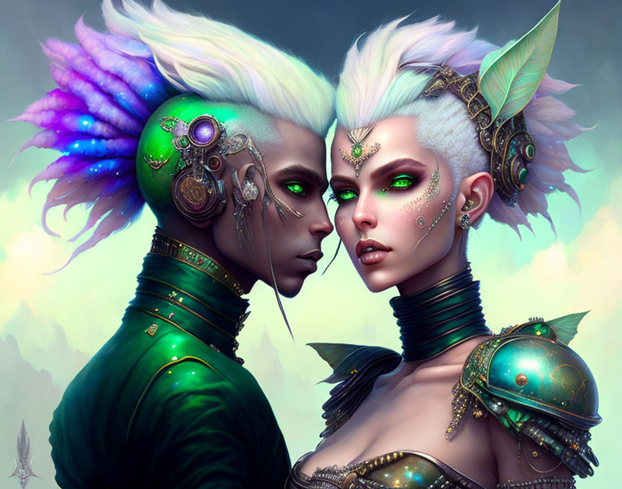 Fantasy characters in white hair and green armor face off on soft background