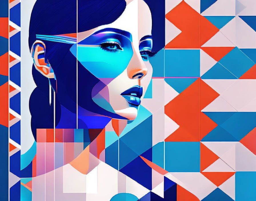 woman, minimalist graphics, shades of blue, geomet
