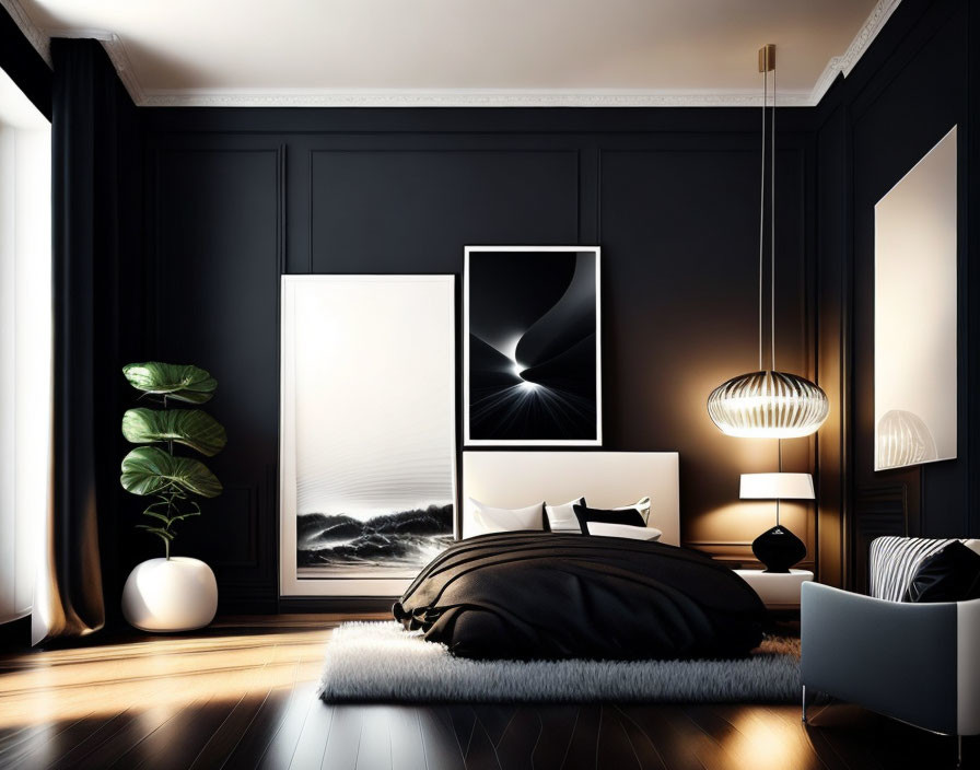 one modern  picture hanging on the wall, elegant m
