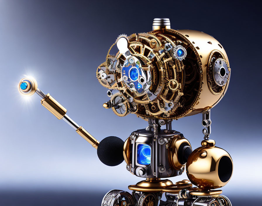 Detailed Steampunk Robot with Glowing Orb Wand