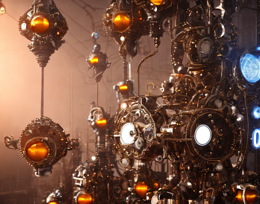 Intricate Steampunk Mechanical Spheres in Warm Hazy Setting
