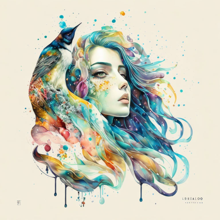 Vivid portrait of woman and bird with colorful, abstract elements
