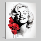 Monochromatic artwork featuring smiling woman with red roses on canvas