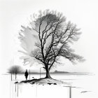 Monochrome art: Figure under geometric tree with abstract architecture