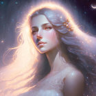 Ethereal woman with long hair, cosmic backdrop, stars on face