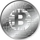 Silver Bitcoin-themed coin with circuit board design and global currency symbols