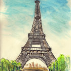 Colorful Geometric Eiffel Tower Illustration with Abstract Cityscape Background