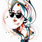 Colorful digital artwork of a woman with flowing hair and sunglasses amidst geometric shapes