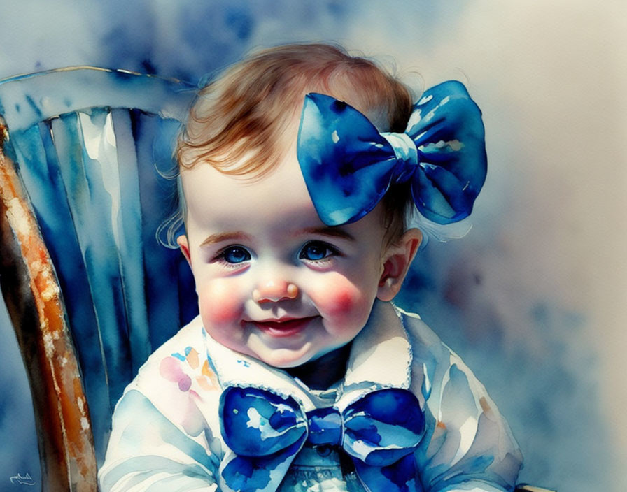 Smiling baby with rosy cheeks in white outfit and blue bow on chair