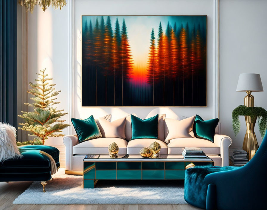 Contemporary living room with forest painting, white sofa, teal pillows, Christmas tree, blue and gold