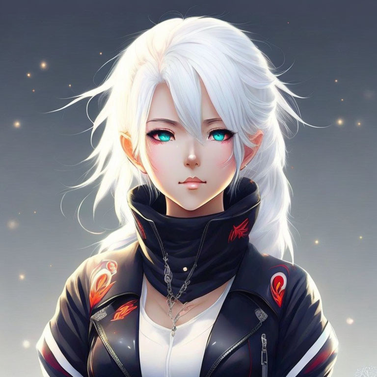 White-Haired Female Character in Black Jacket with Blue Eyes
