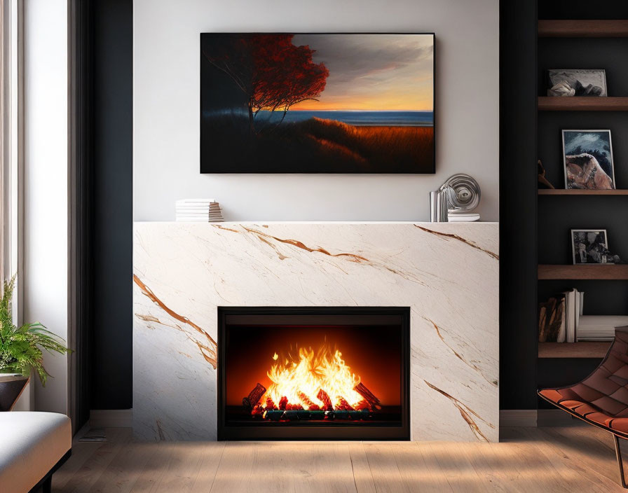 modern fireplace, three paintings hang above it, a