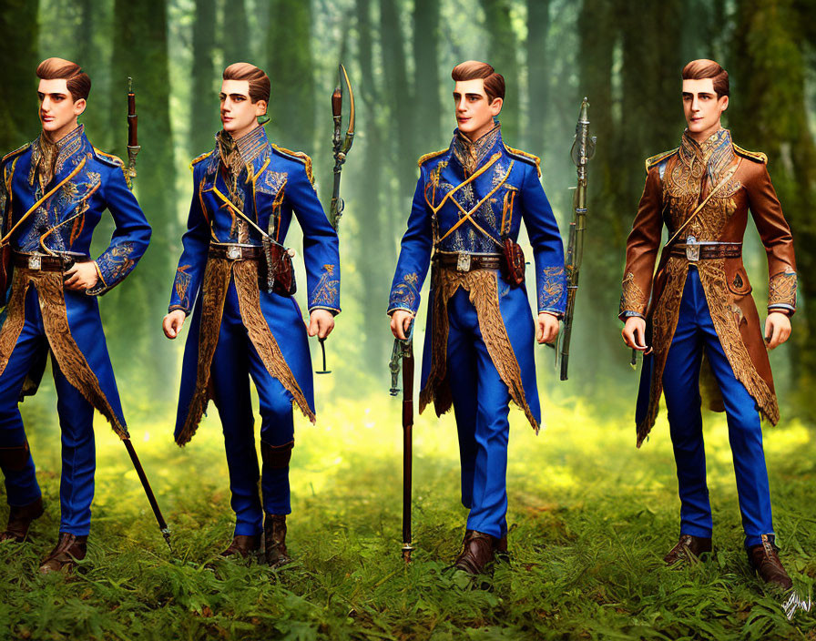 Four male figures in blue and brown uniforms with spears in a forest