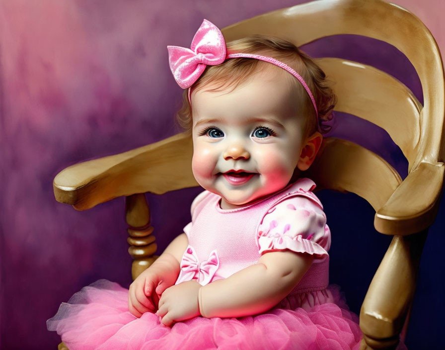 Blue-eyed baby in pink dress on wooden chair against purple backdrop