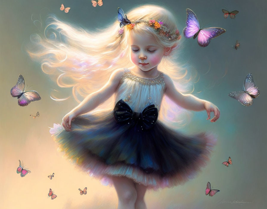 Young girl in tutu dress with butterflies, soft glow, and floral headband