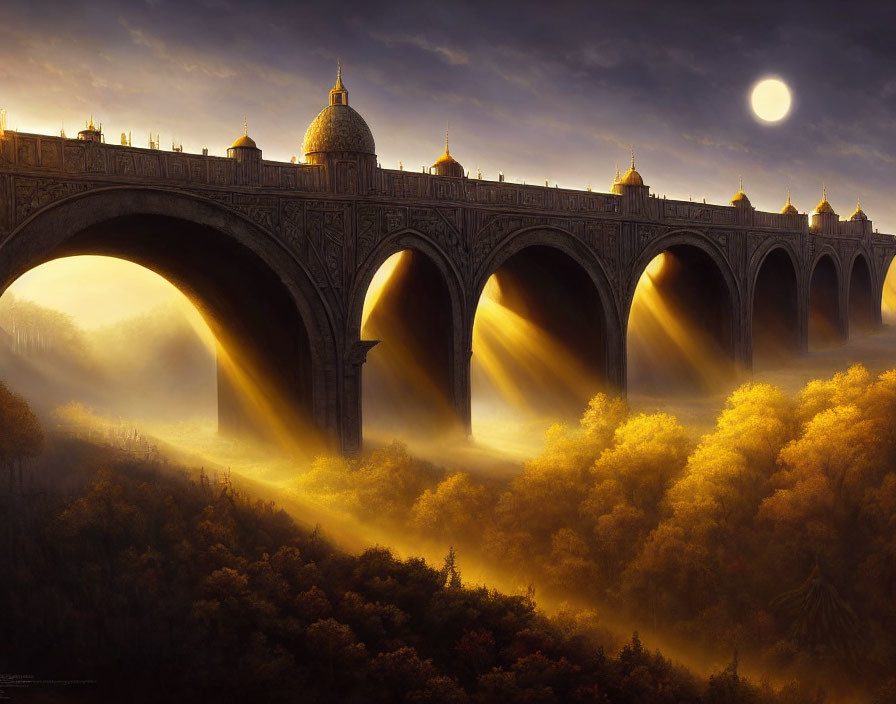 Moonlit forest bridge with arches under golden light