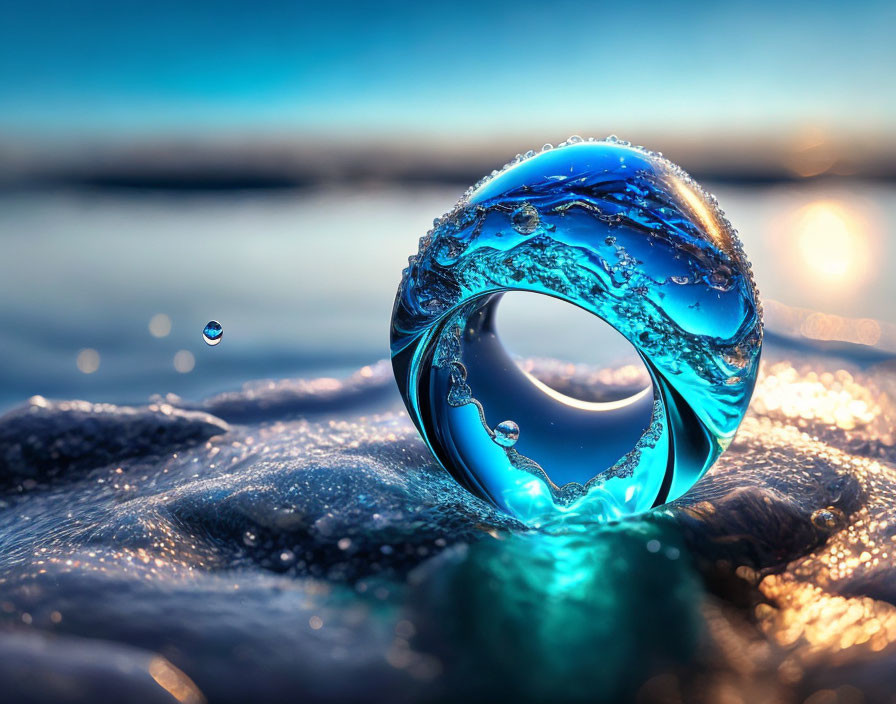 Shimmering water droplet ring with intricate waves on blurred aquatic background