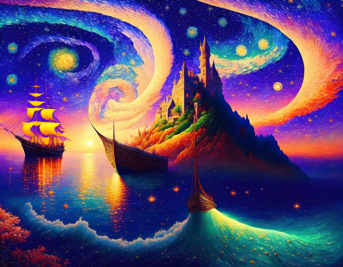 Fantasy landscape with starry sky, island castle, ships, and sunset glow