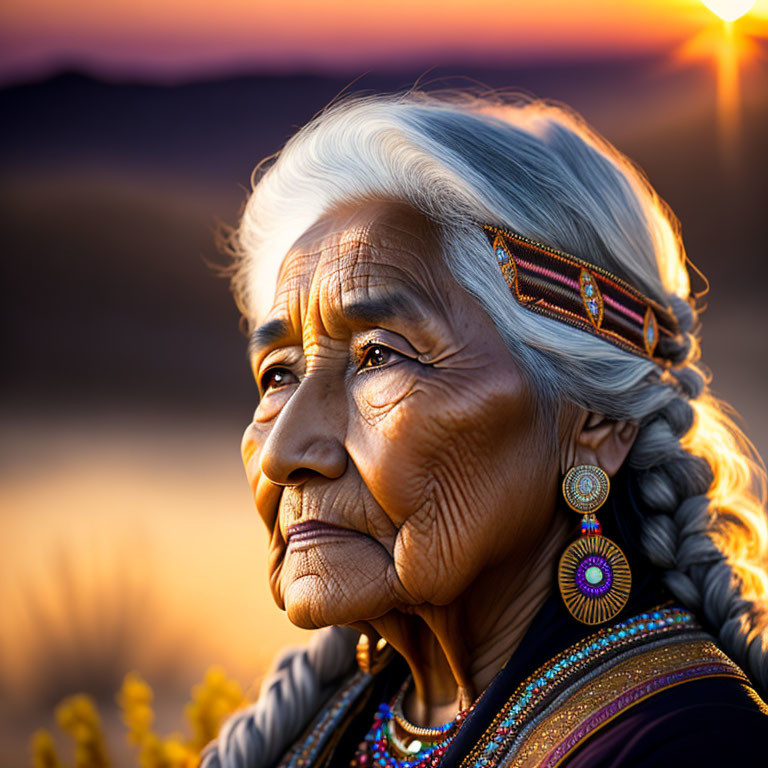 Elderly woman with braided hair in traditional beadwork at sunset