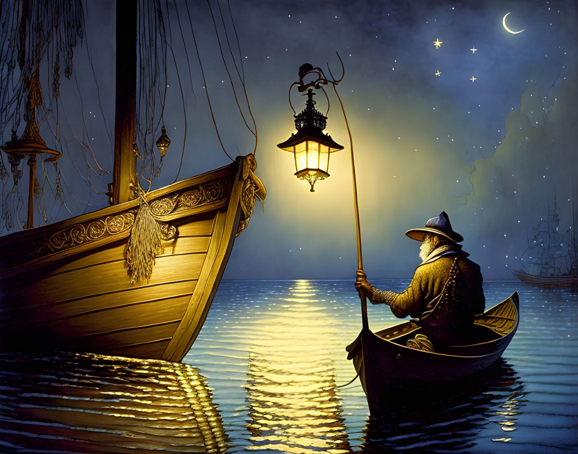 Fisherman in hat rows small boat under starry night sky with lantern, ships, and crescent