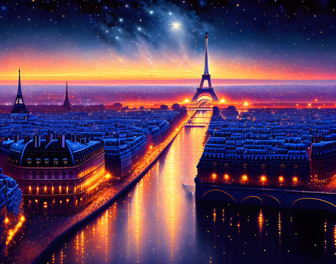 Nocturnal cityscape with Eiffel Tower, starry sky, illuminated streets, and river