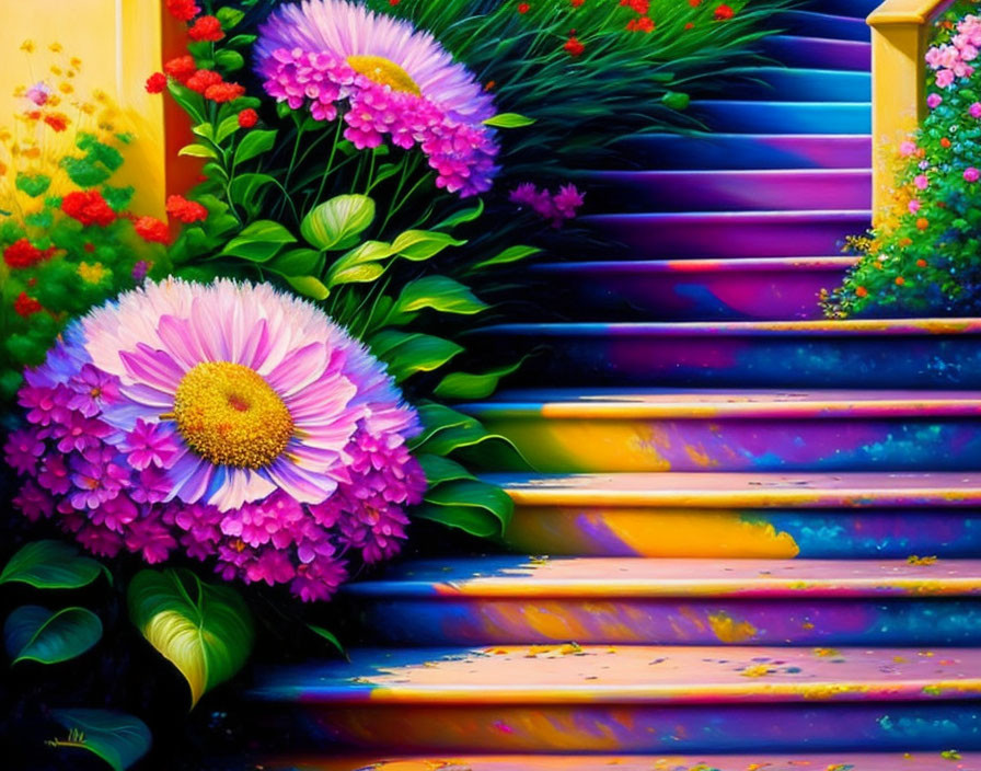 Colorful Garden Stairway Painting with Pink Daisy and Rainbow Steps