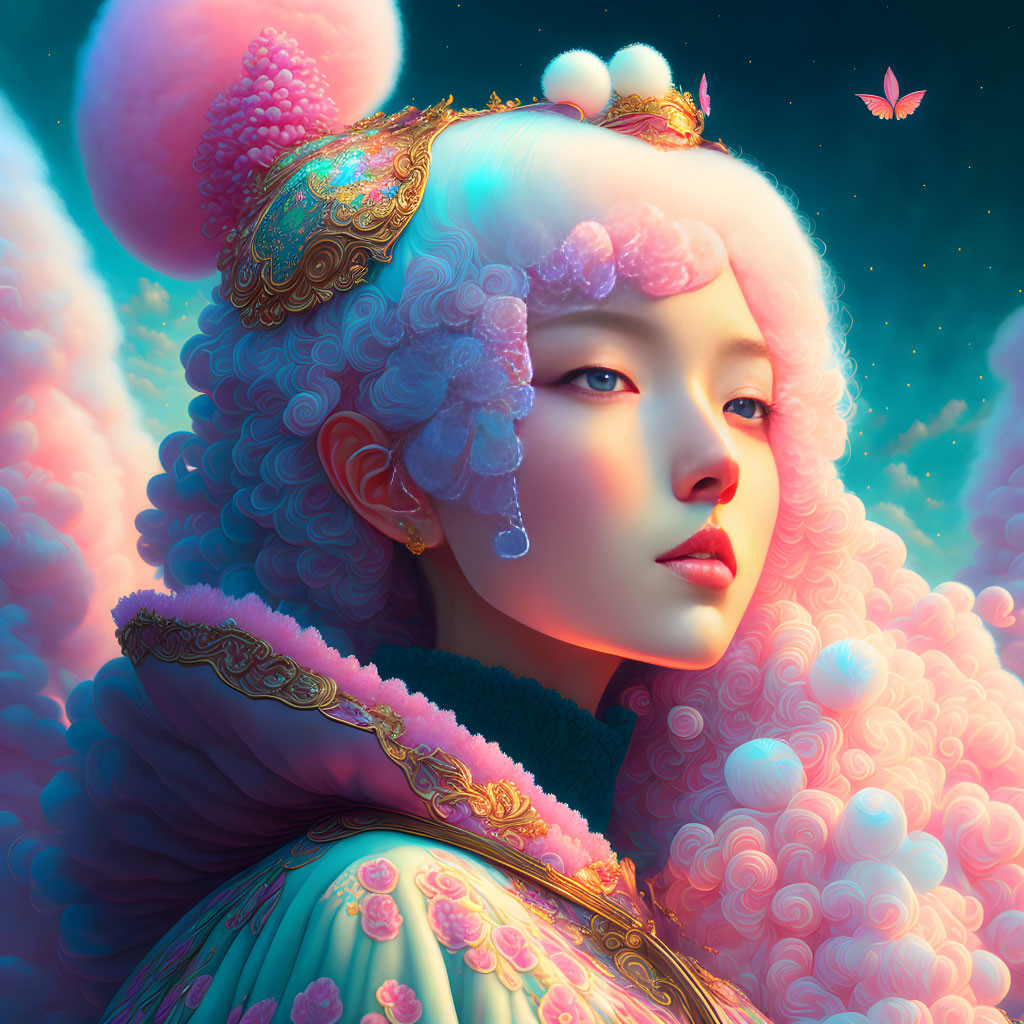 Stylized portrait of woman with pale skin and cloud-like hair in traditional attire against dreamy sky