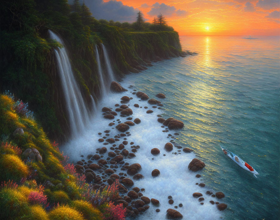 Scenic Sunset Over Ocean with Waterfalls and Boat