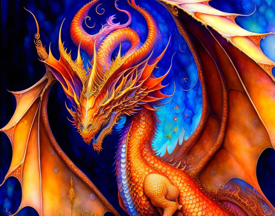 Colorful Illustration of Majestic Dragon with Orange and Red Scales