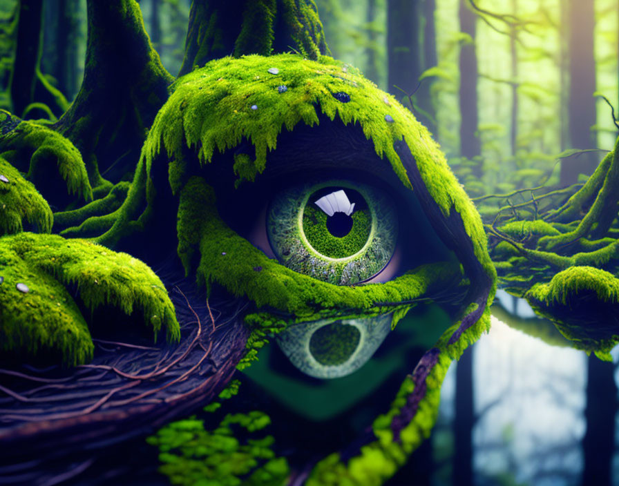 Surreal image: large eye in mossy forest with water reflection