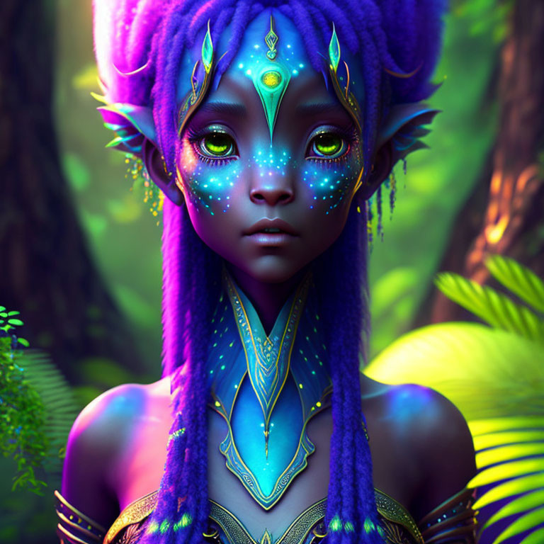 Fantasy digital artwork: Purple-skinned female with blue markings in lush forest