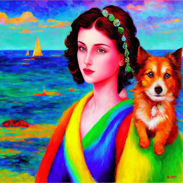 Vibrant painting of woman with dark hair and floral headband with dog by seascape