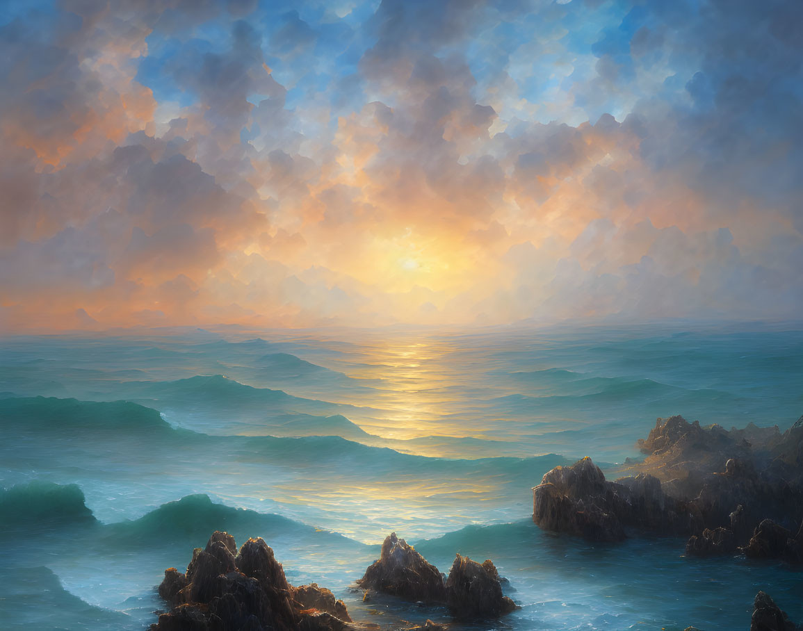Tranquil Sunset Seascape with Vibrant Clouds and Rocky Shoreline